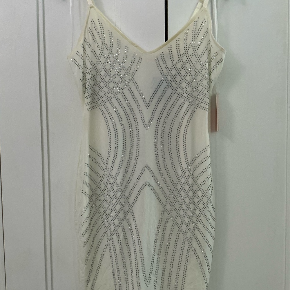 Elegant Cream/White Mini Dress with Silver Rhinestones